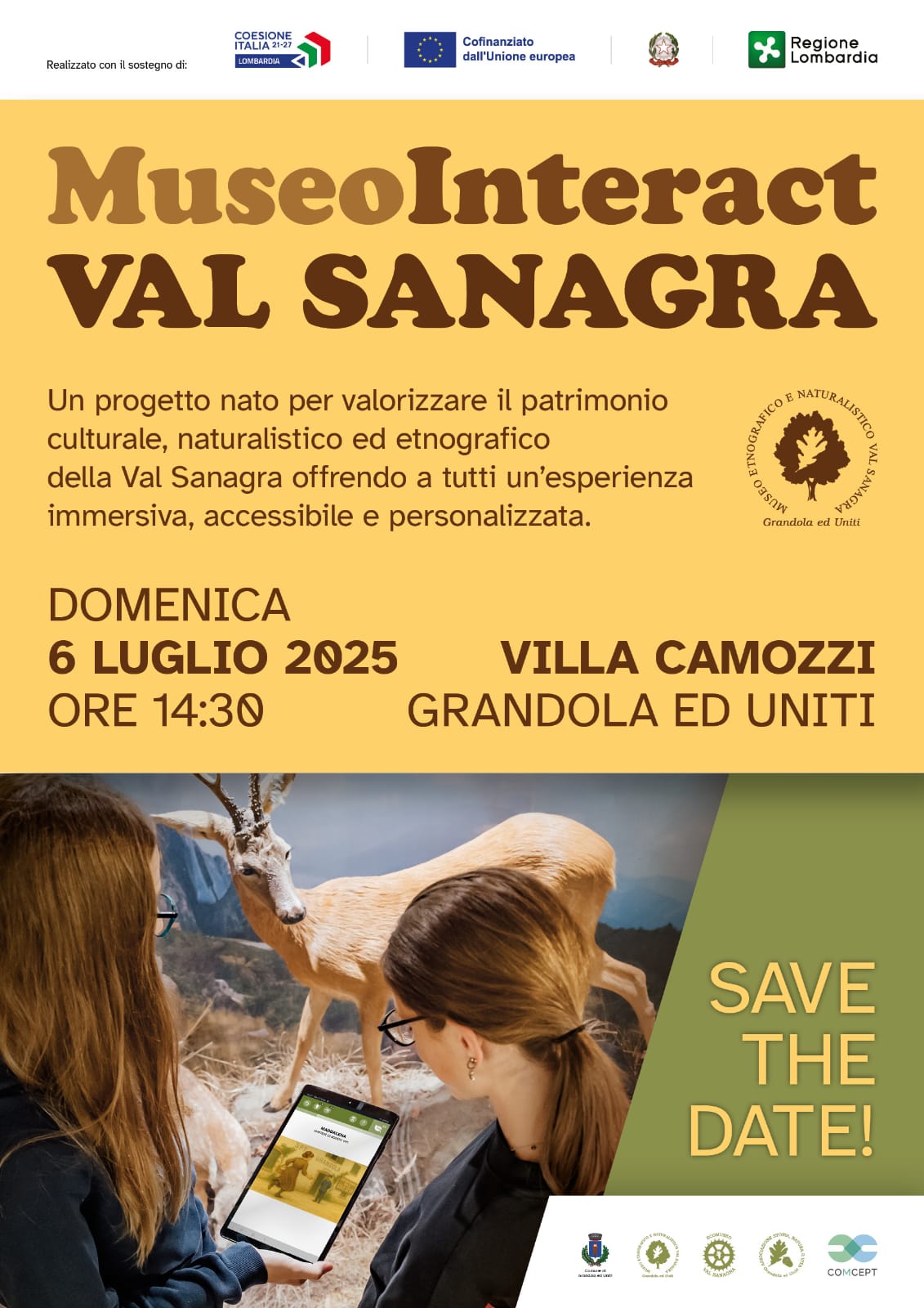 Locandina evento MuseoInteract Val Sanagra del 6 luglio 2025 a Villa Camozzi, Grandola ed Uniti