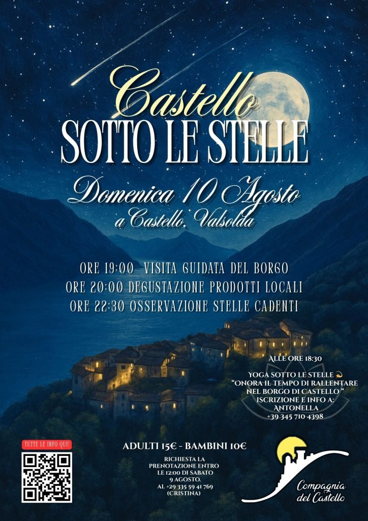 Locandina evento Castello sotto le Stelle a Valsolda sul Lago Ceresio con programma visite guidate, degustazioni e osservazione stelle cadenti.