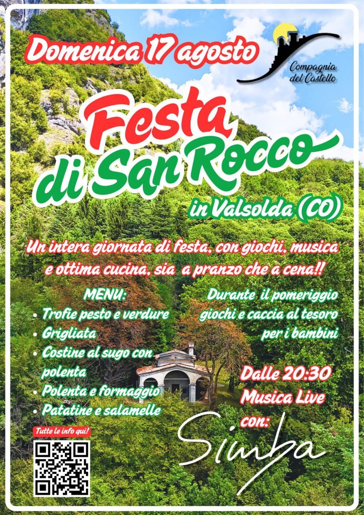 Locandina Festa di San Rocco in Valsolda (CO) il 17 agosto, giornata con cucina tipica, giochi per bambini e musica live con Simba.