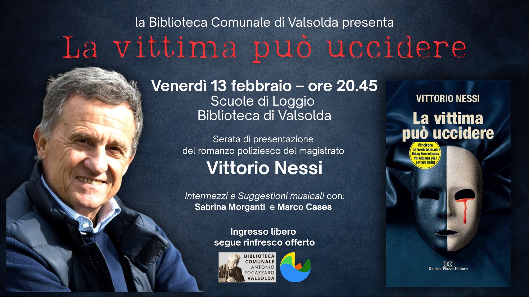 Vittorio Nessi presenta il romanzo noir La vittima può uccidere alla Biblioteca di Valsolda, Loggio {{brizy_dc_image_alt imageSrc=