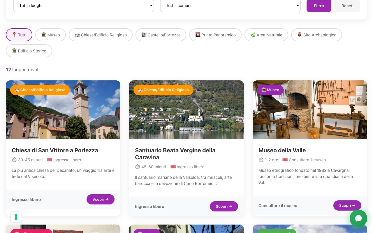 Pagina Punti di Interesse con filtri e schede dei luoghi