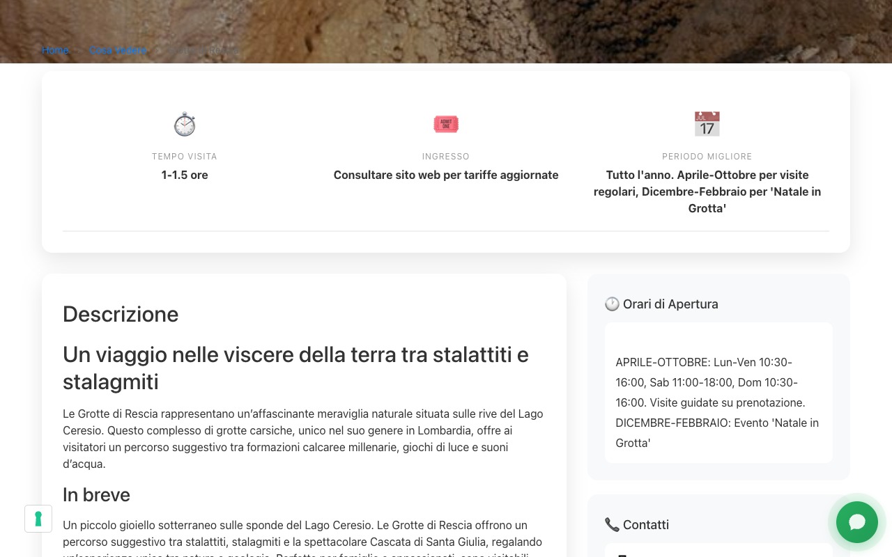 Scheda dettagliata delle Grotte di Rescia con informazioni pratiche