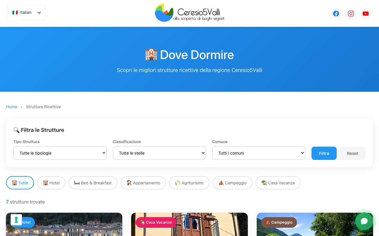 Pagina Dove Dormire con filtri per tipologia e classificazione