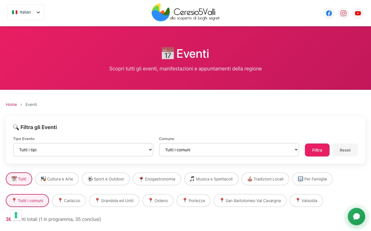 Pagina Eventi con filtri per tipo evento e comune