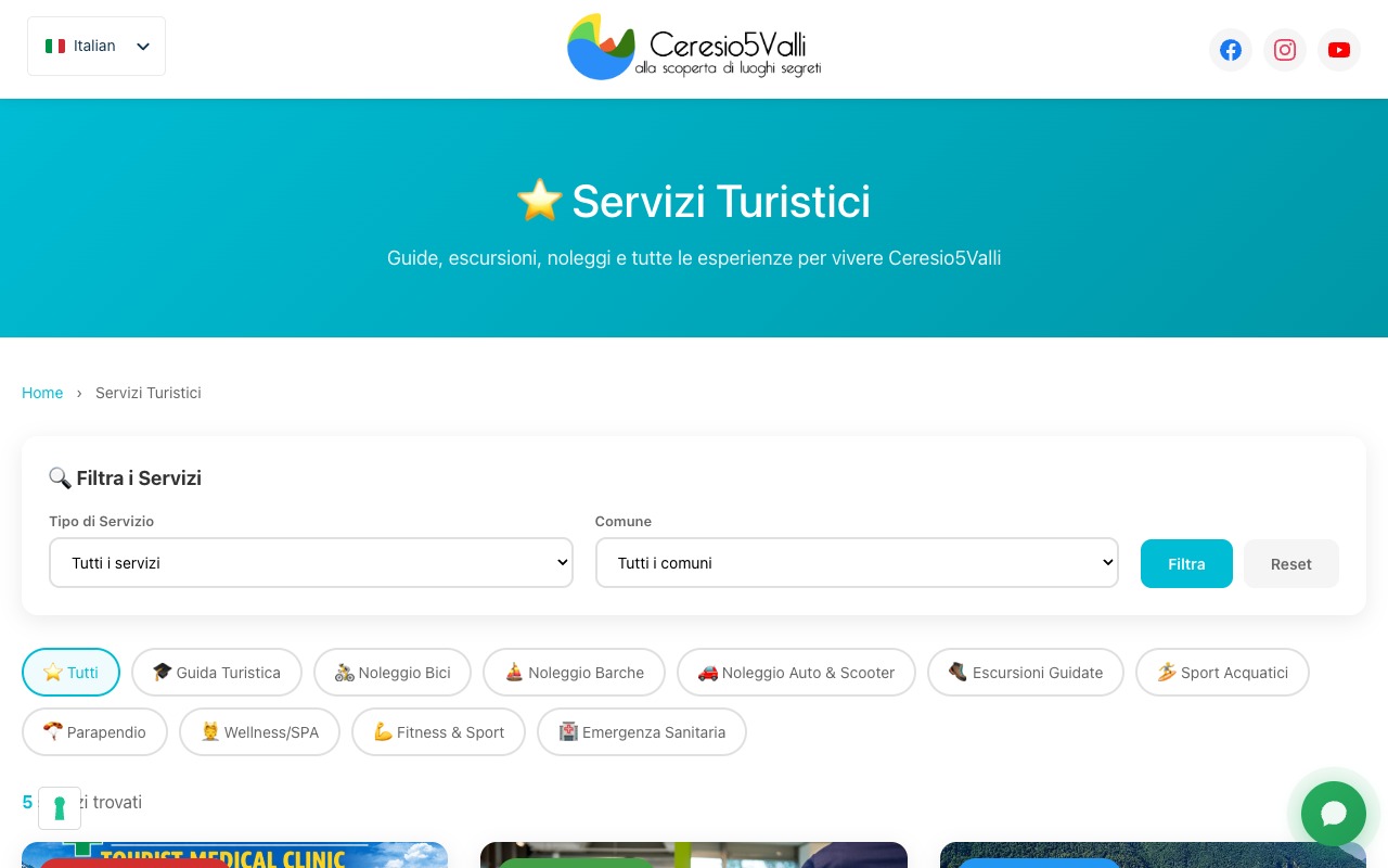 Pagina Servizi Turistici con filtri per tipo servizio