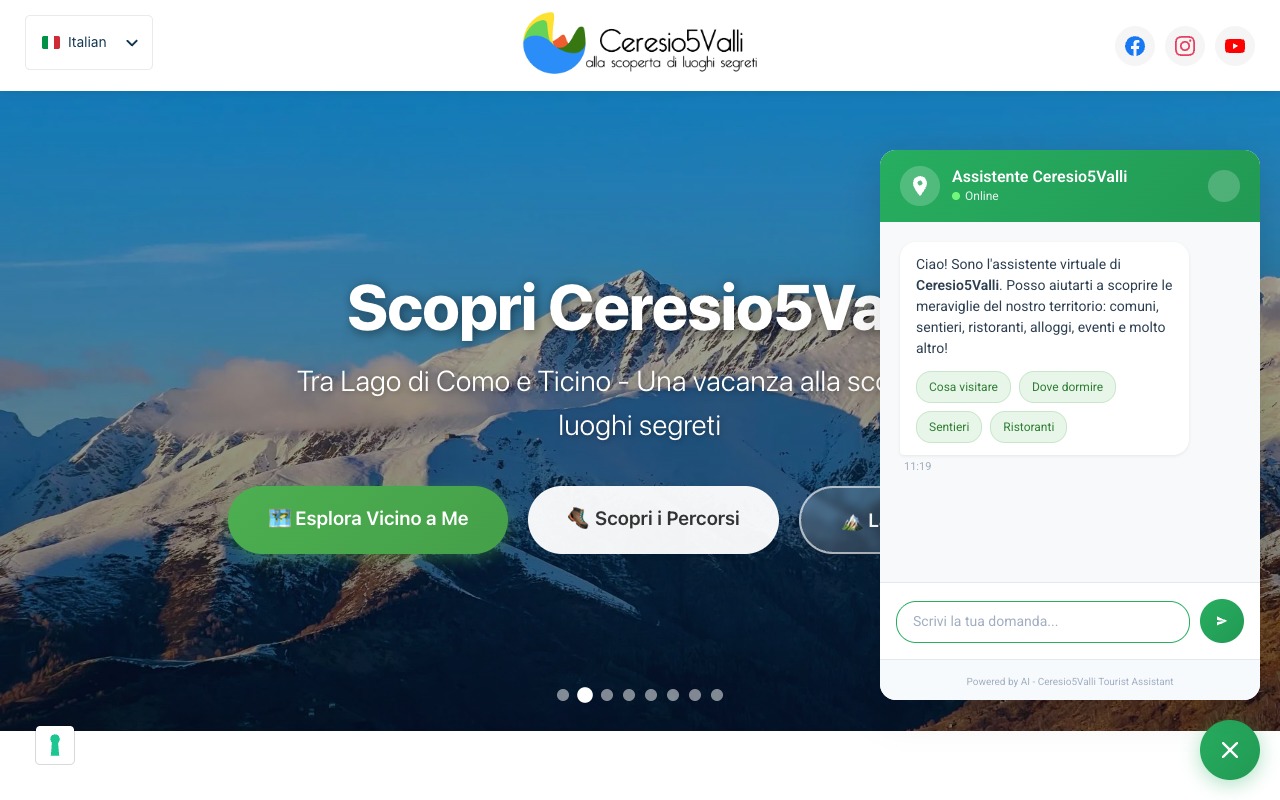 Assistente virtuale Ceresio5Valli con messaggio di benvenuto e suggerimenti rapidi