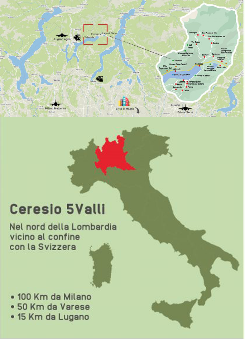 Mappa del territorio Ceresio5Valli - Come raggiungerci da Milano, Varese, Lugano e i principali aeroporti