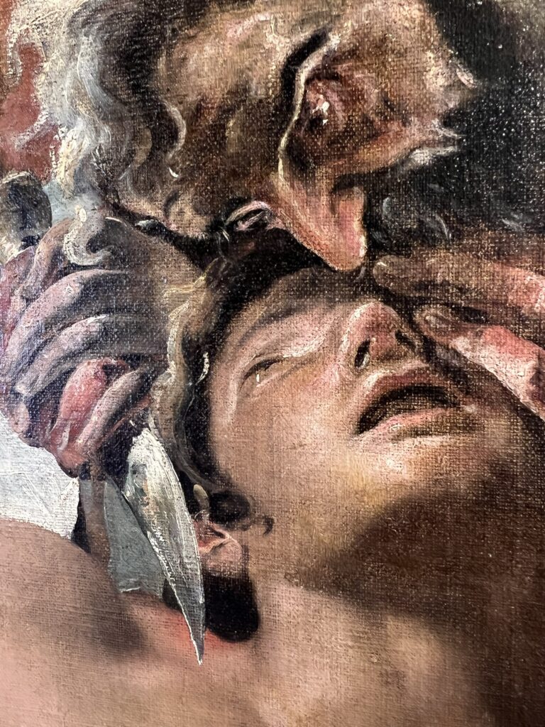 Dettaglio della tela Andromeda di Paolo Pagani al Museo Casa Pagani: il fondo scuro e i drappeggi che incorniciano la scena