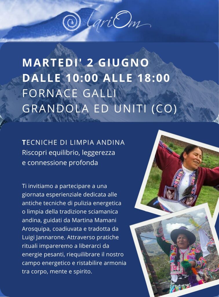 Locandina evento Tecniche di Limpia Andina, martedì 2 giugno alla Fornace Galli di Grandola ed Uniti