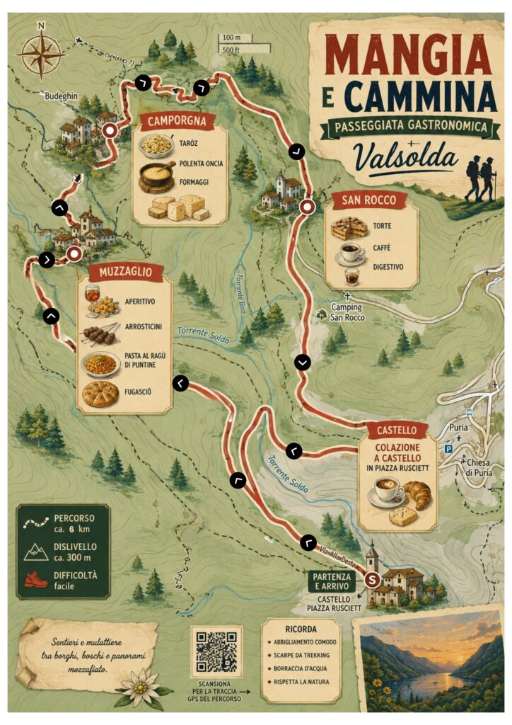 Mappa Mangia e Cammina con tracciato e tappe gastronomiche