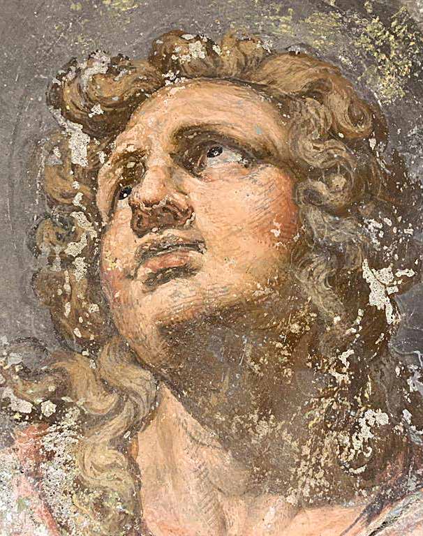 Particolare del volto di Giovanni Evangelista, affreschi attribuiti a Pellegrino Tibaldi nella Chiesa di San Vincenzo Martire a Claino con Osteno