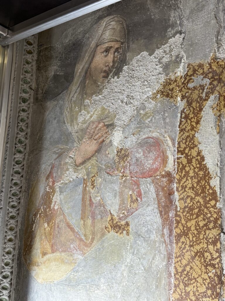 Particolare della Vergine orante con velo bianco - iconografia Madonna Bianca - nel riquadro centrale degli affreschi di Tibaldi a Claino