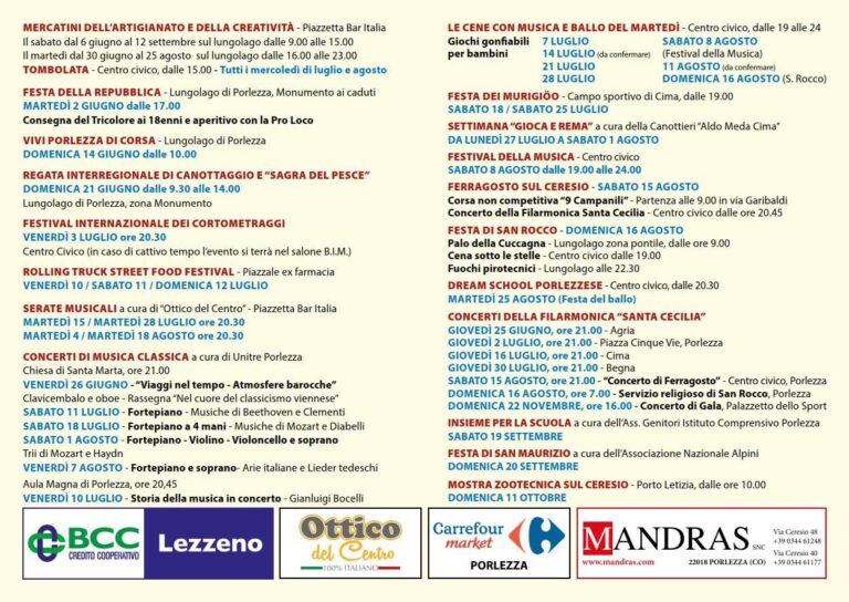 Calendario completo degli eventi dell'Estate 2026 a Porlezza, Pro Loco