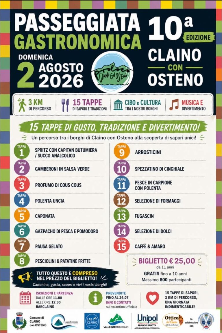 Le 15 tappe enogastronomiche della Passeggiata Gastronomica di Claino con Osteno 2026
