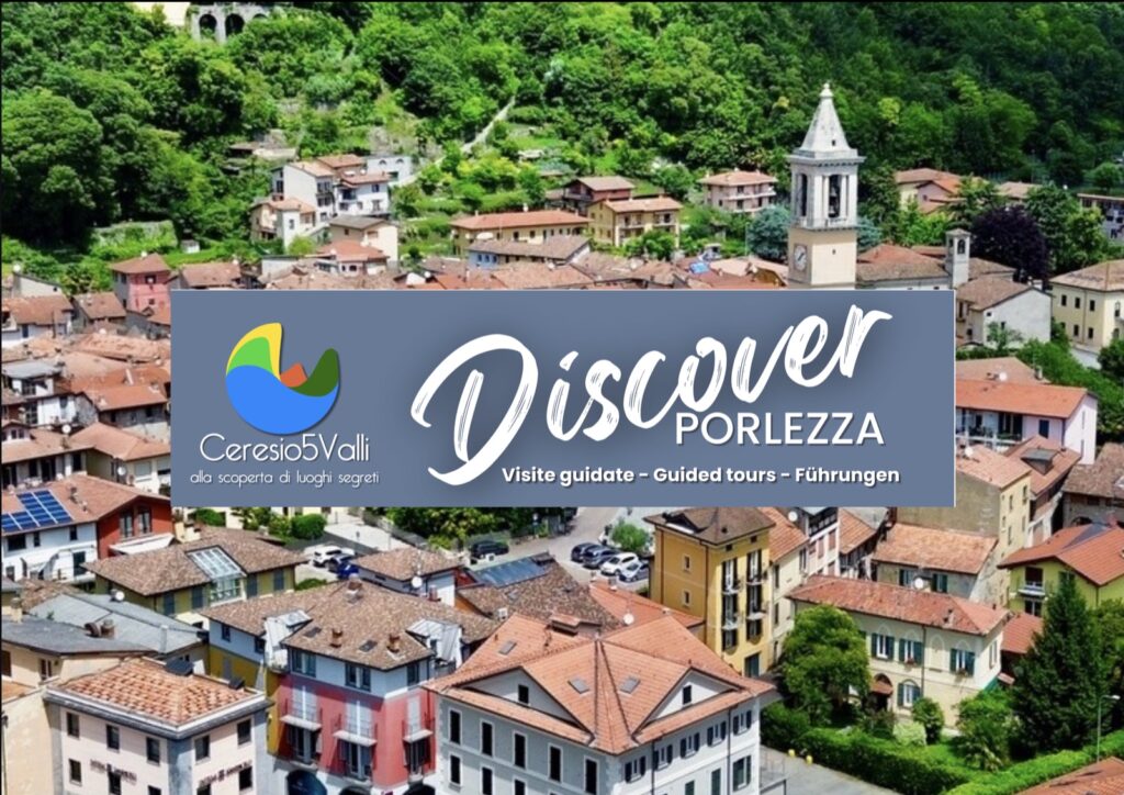 Il borgo di Porlezza sul Lago Ceresio dall'alto con il banner Discover Porlezza: visite guidate in italiano, olandese e tedesco