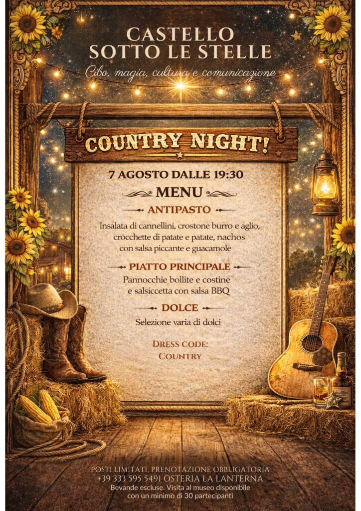 Locandina della «Country Night» «Castello sotto le stelle» dell'Osteria La Lanterna nel borgo di Castello, Valsolda