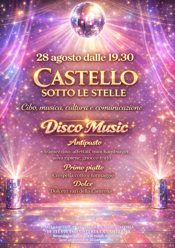 Locandina della serata «Disco Music» «Castello sotto le stelle» dell'Osteria La Lanterna nel borgo di Castello, Valsolda