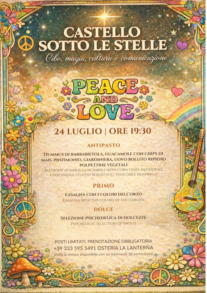 Locandina della cena hippie «Peace & Love» «Castello sotto le stelle» dell'Osteria La Lanterna nel borgo di Castello, Valsolda