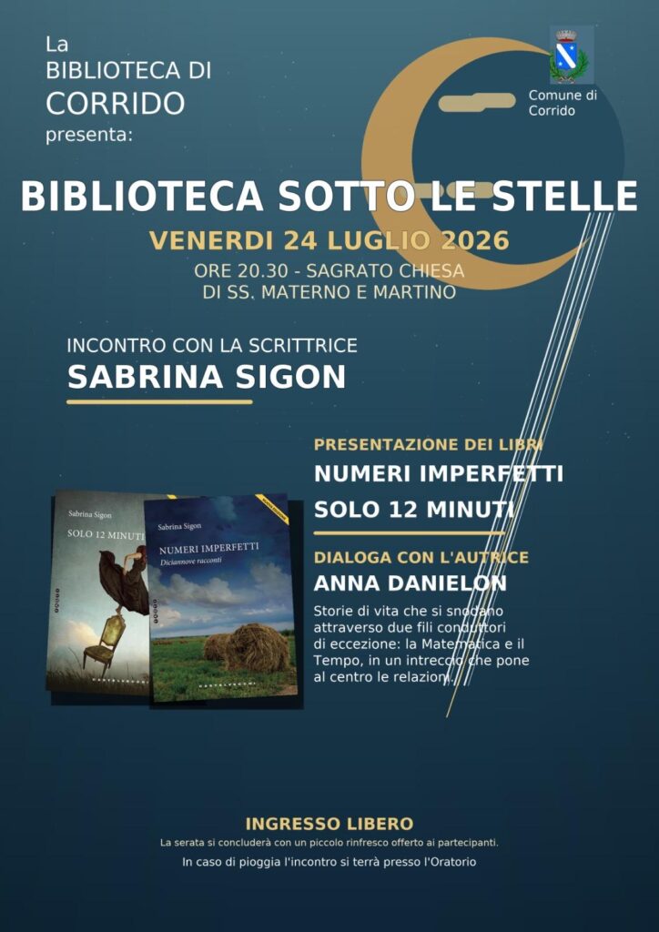 Locandina Biblioteca sotto le stelle a Corrido con la scrittrice Sabrina Sigon, 24 luglio 2026