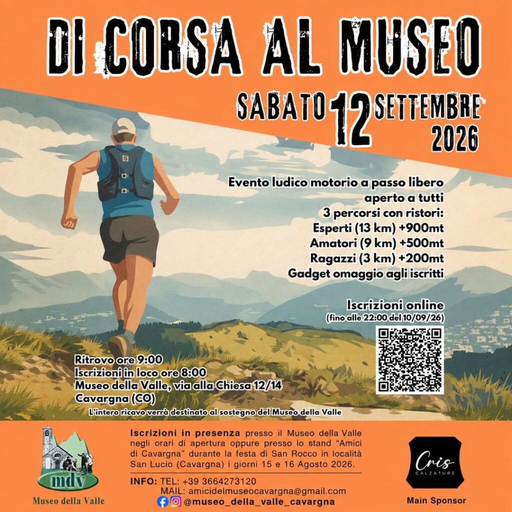 Locandina di Di Corsa al Museo 2026 a Cavargna, corsa in montagna a sostegno del Museo della Valle