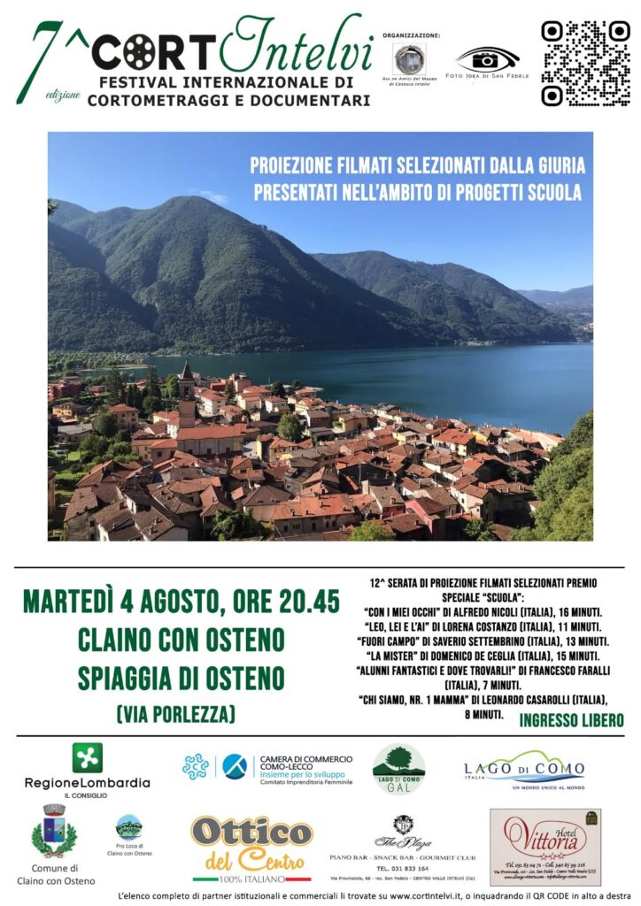 Locandina CORTIntelvi 2026, serata di cortometraggi Progetti Scuola alla Spiaggia di Osteno, Claino con Osteno, 4 agosto