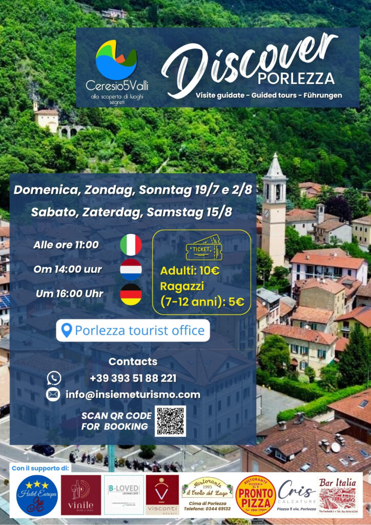 Locandina ufficiale Discover Porlezza 2026: visite guidate nel borgo sul Lago Ceresio il 19 luglio, 2 agosto e 15 agosto, in italiano, olandese e tedesco. Prenotazione via QR code.