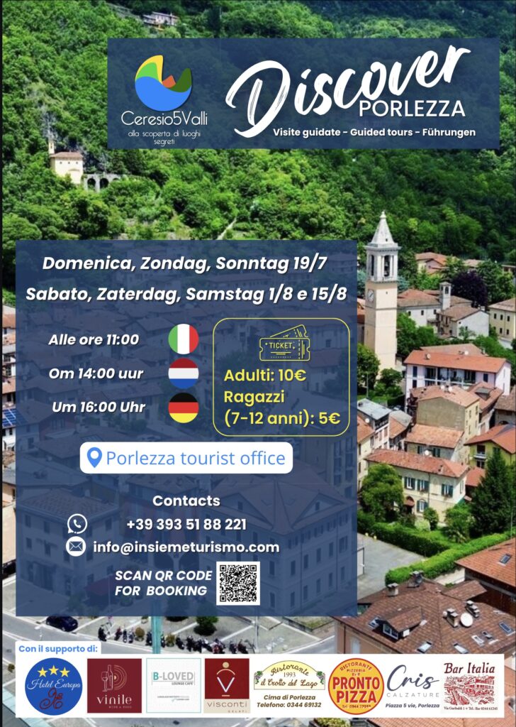Locandina ufficiale Discover Porlezza 2026: visite guidate nel borgo sul Lago Ceresio il 19 luglio, 1 agosto e 15 agosto, in italiano, olandese e tedesco. Prenotazione via QR code.