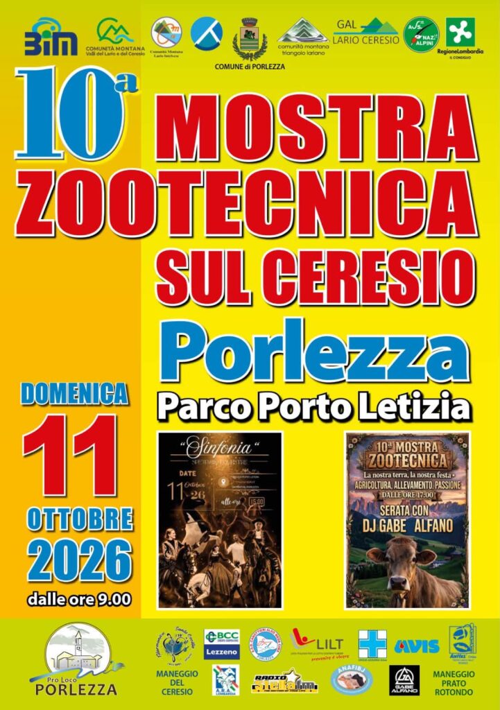 Locandina della 10ª Mostra Zootecnica sul Ceresio al Parco Porto Letizia di Porlezza, domenica 11 ottobre 2026 dalle ore 9