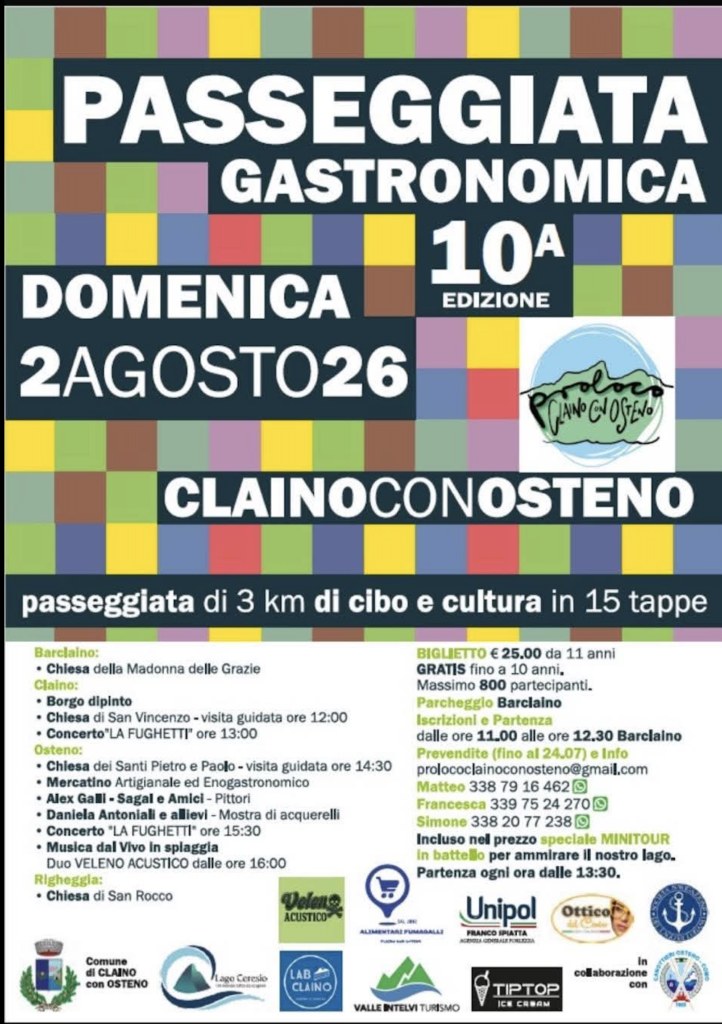 Locandina della 10ª Passeggiata Gastronomica di Claino con Osteno, 2 agosto 2026