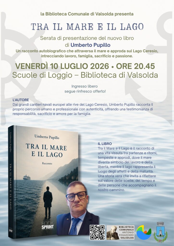 Locandina della presentazione del libro «Tra il Mare e il Lago» di Umberto Pupillo alla Biblioteca di Valsolda