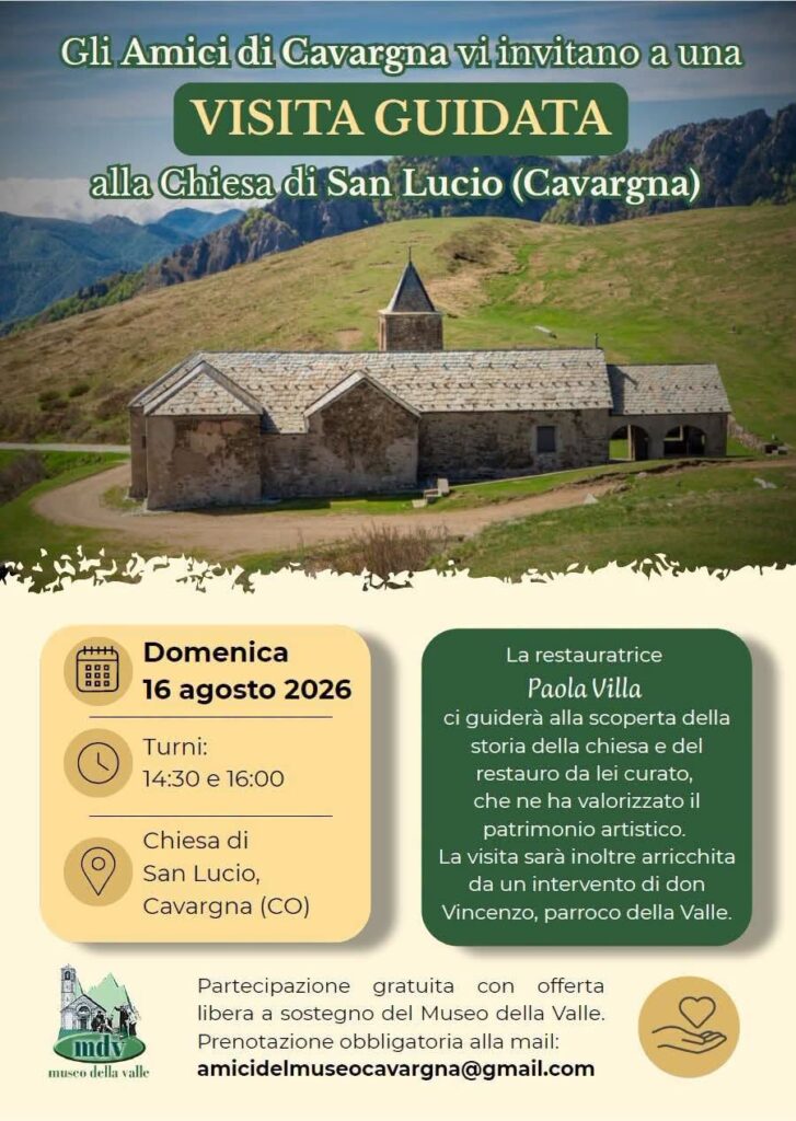 Locandina visita guidata alla Chiesa di San Lucio a Cavargna, 16 agosto 2026, con la restauratrice Paola Villa