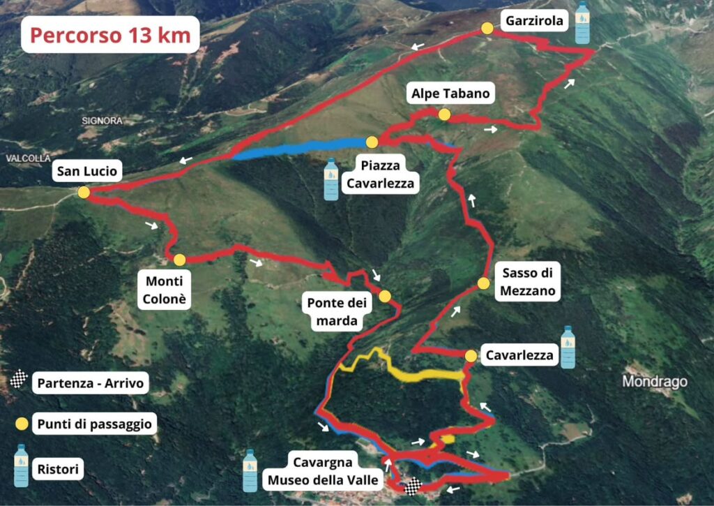 Mappa del percorso Esperti da 13 km di Di Corsa al Museo a Cavargna, con punti di passaggio e ristori