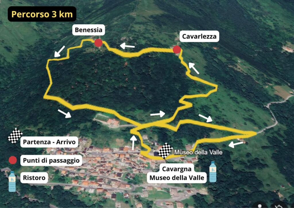 Mappa del percorso Ragazzi da 3 km di Di Corsa al Museo a Cavargna, con punti di passaggio e ristori