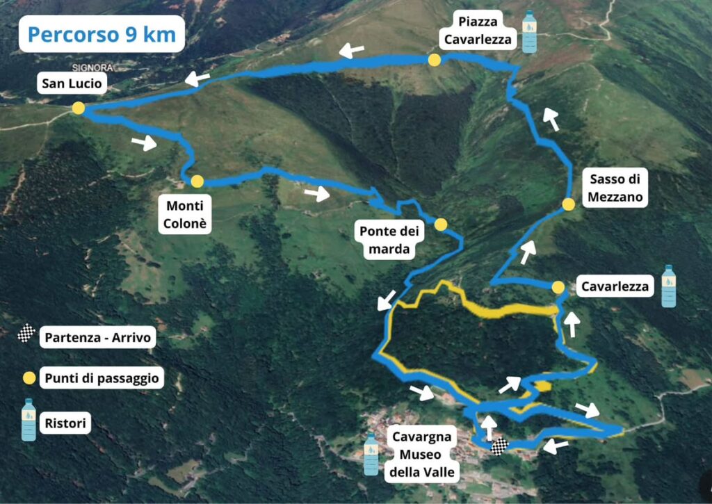 Mappa del percorso Amatori da 9 km di Di Corsa al Museo a Cavargna, con punti di passaggio e ristori