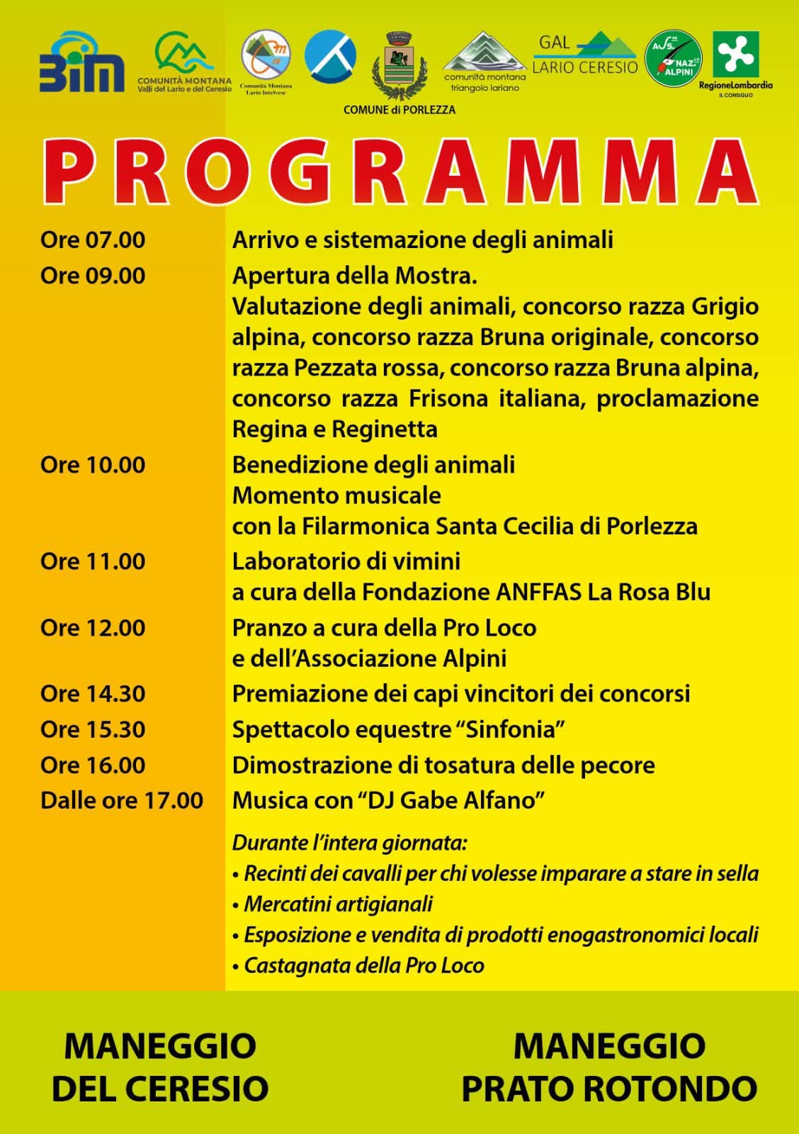 Programma orario della 10ª Mostra Zootecnica sul Ceresio a Porlezza