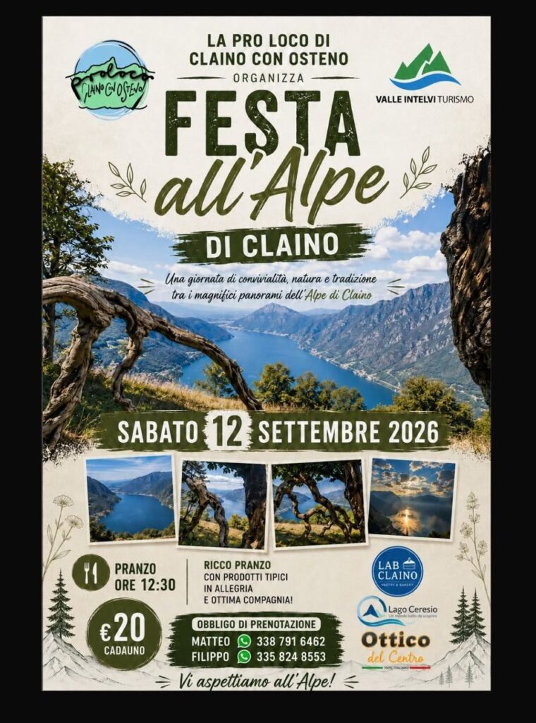 Locandina Festa all'Alpe di Claino 2026, sabato 12 settembre, pranzo tipico in quota con la Pro Loco di Claino con Osteno