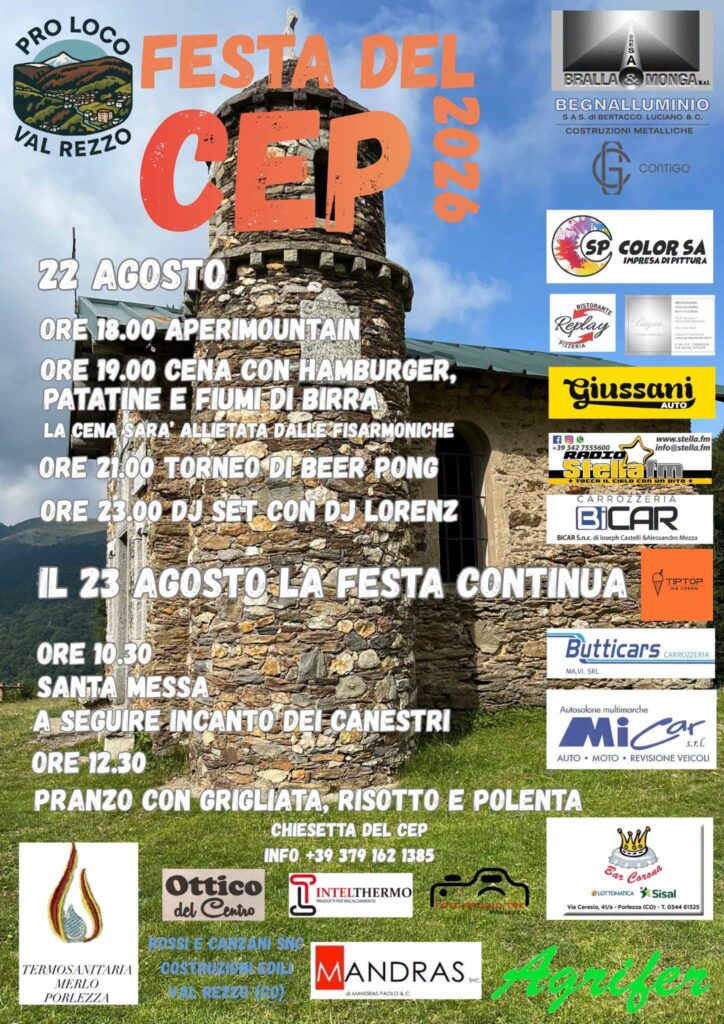 Locandina Festa del Cep 2026 in Val Rezzo, 22 e 23 agosto alla Chiesetta del Cep, con programma e sponsor