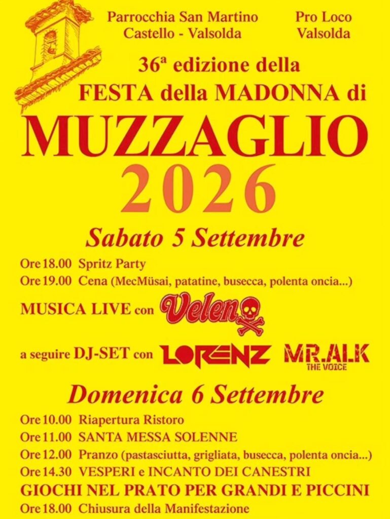 Locandina 36ª Festa della Madonna di Muzzaglio 2026 in Valsolda, 5 e 6 settembre, con programma delle due giornate