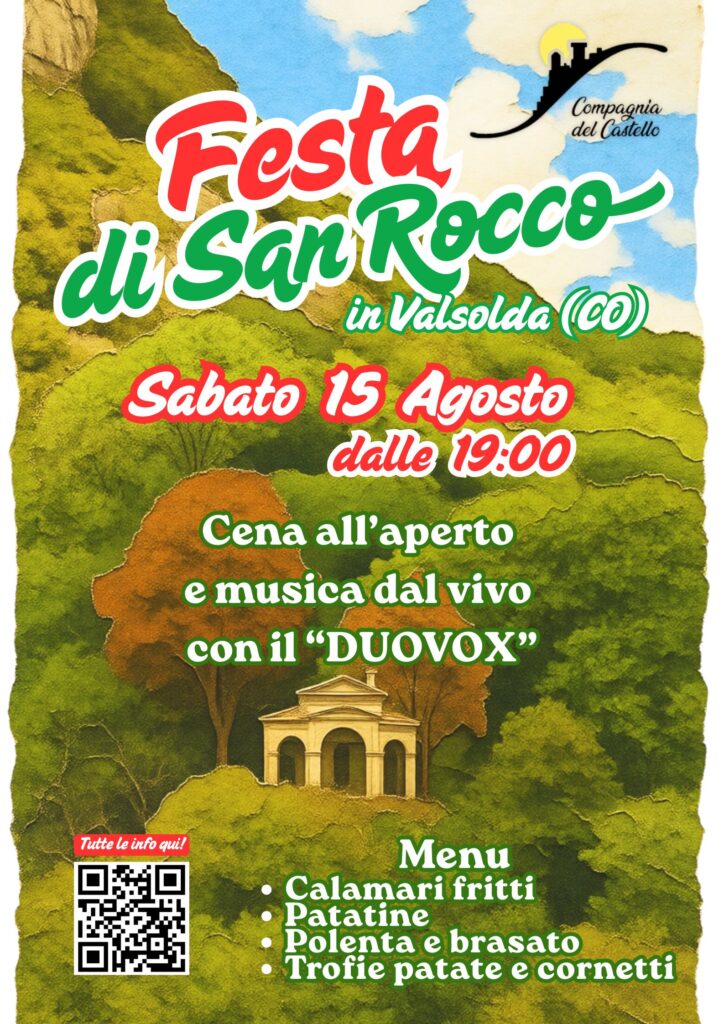 Locandina Festa di San Rocco in Valsolda 2026, cena all'aperto e musica live con il Duovox, sabato 15 agosto dalle 19