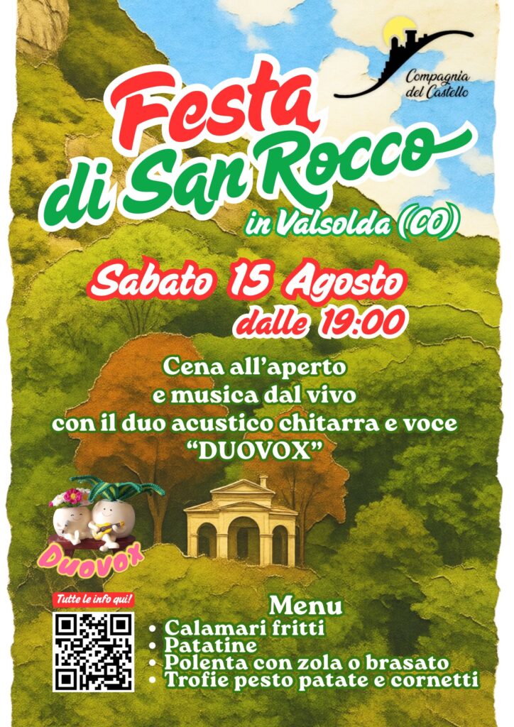 Locandina Festa di San Rocco in Valsolda 2026, cena all'aperto e musica live con il duo acustico Duovox, sabato 15 agosto dalle 19