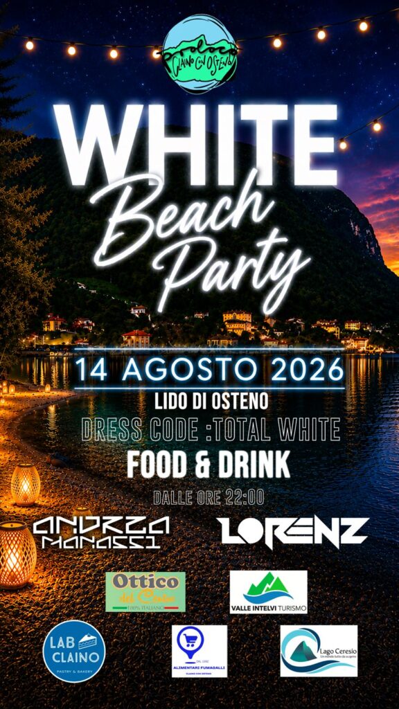 Locandina White Beach Party 2026 al Lido di Osteno, dress code total white, dj set Andrea Manassi e Lorenz, 14 agosto