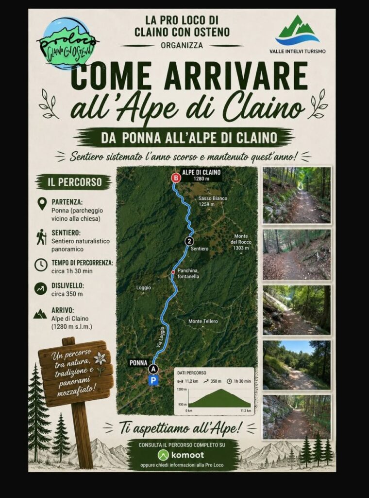 Mappa del sentiero da Ponna all'Alpe di Claino: 1h30 di cammino, 350 m di dislivello, arrivo a 1280 metri