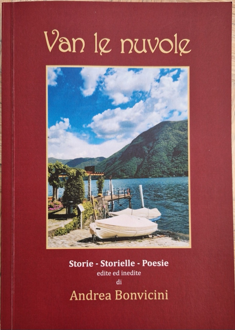 Copertina del libro Van le nuvole di Andrea Bonvicini, con uno scorcio della riva valsoldese del Lago Ceresio