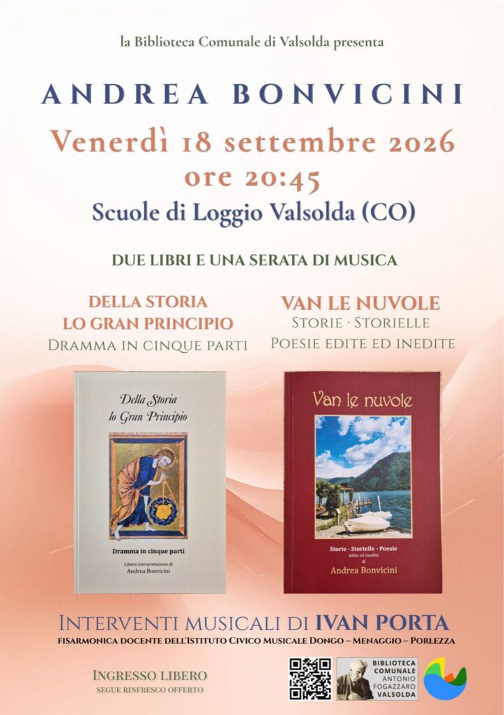 Locandina Andrea Bonvicini alle Scuole di Loggio, Valsolda, venerdi 18 settembre 2026