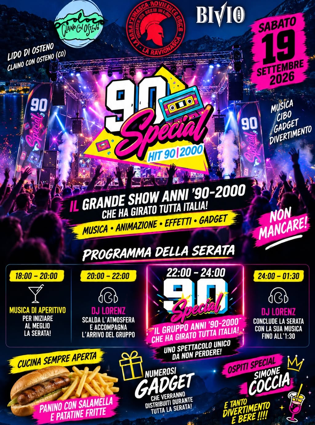 Programma della serata 90 Special al Lido di Osteno: musica di aperitivo, DJ Lorenz e lo show anni '90 e 2000