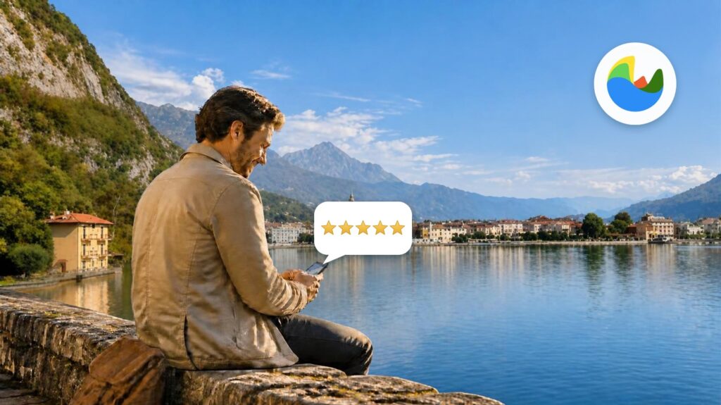 Un turista seduto su un muretto di pietra affacciato sul lago sorride mentre compila il questionario sul telefono; sopra il telefono compaiono cinque stelle