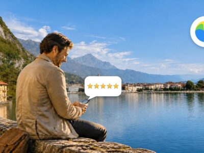 Un turista seduto su un muretto di pietra affacciato sul lago sorride mentre compila il questionario sul telefono; sopra il telefono compaiono cinque stelle