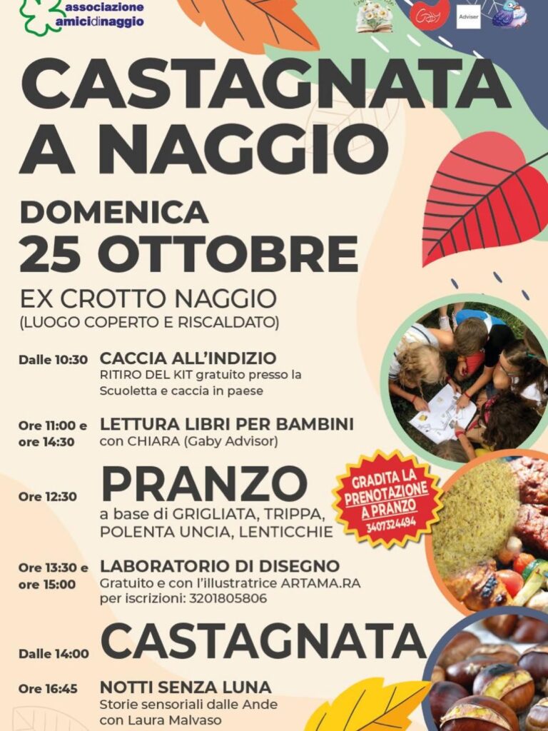 Locandina della Castagnata a Naggio degli Amici di Naggio, domenica 25 ottobre 2026 all'Ex Crotto: programma con caccia all'indizio, letture, pranzo, laboratori e castagnata
