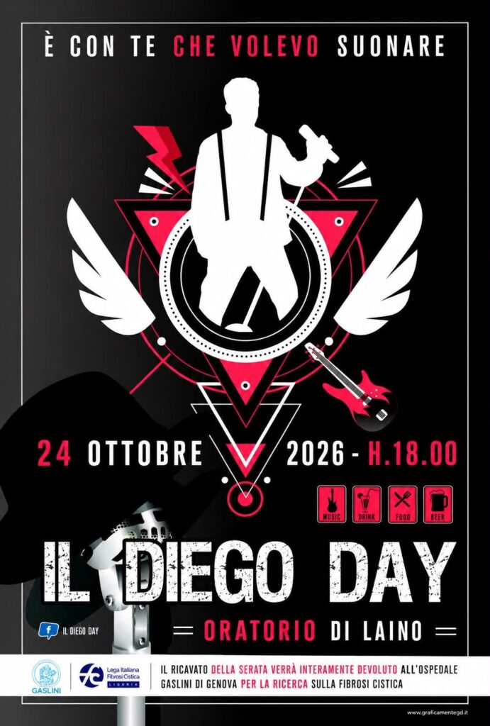 Locandina del Diego Day all'Oratorio di Laino, sabato 24 ottobre 2026 dalle 18: musica dal vivo con ricavato devoluto all'Ospedale Gaslini per la ricerca sulla fibrosi cistica
