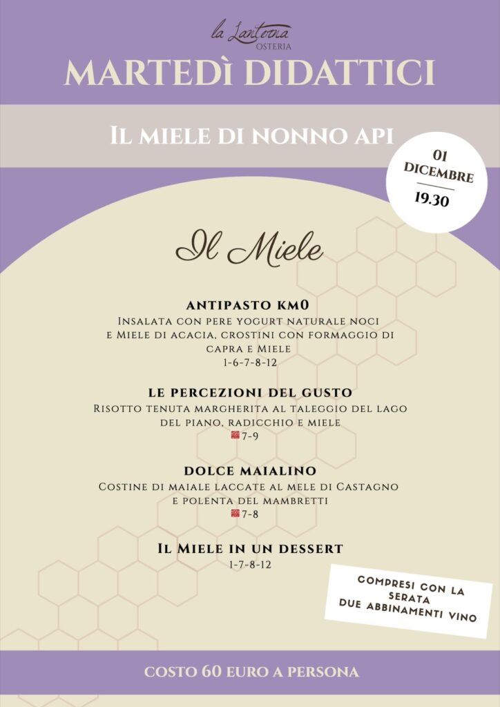Locandina della serata Il miele di nonno Api all'Osteria La Lanterna di Cressogno, martedì 1 dicembre 2026 alle 19:30